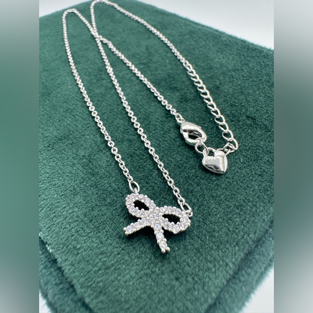 Silver Rhinestone Bow Necklace